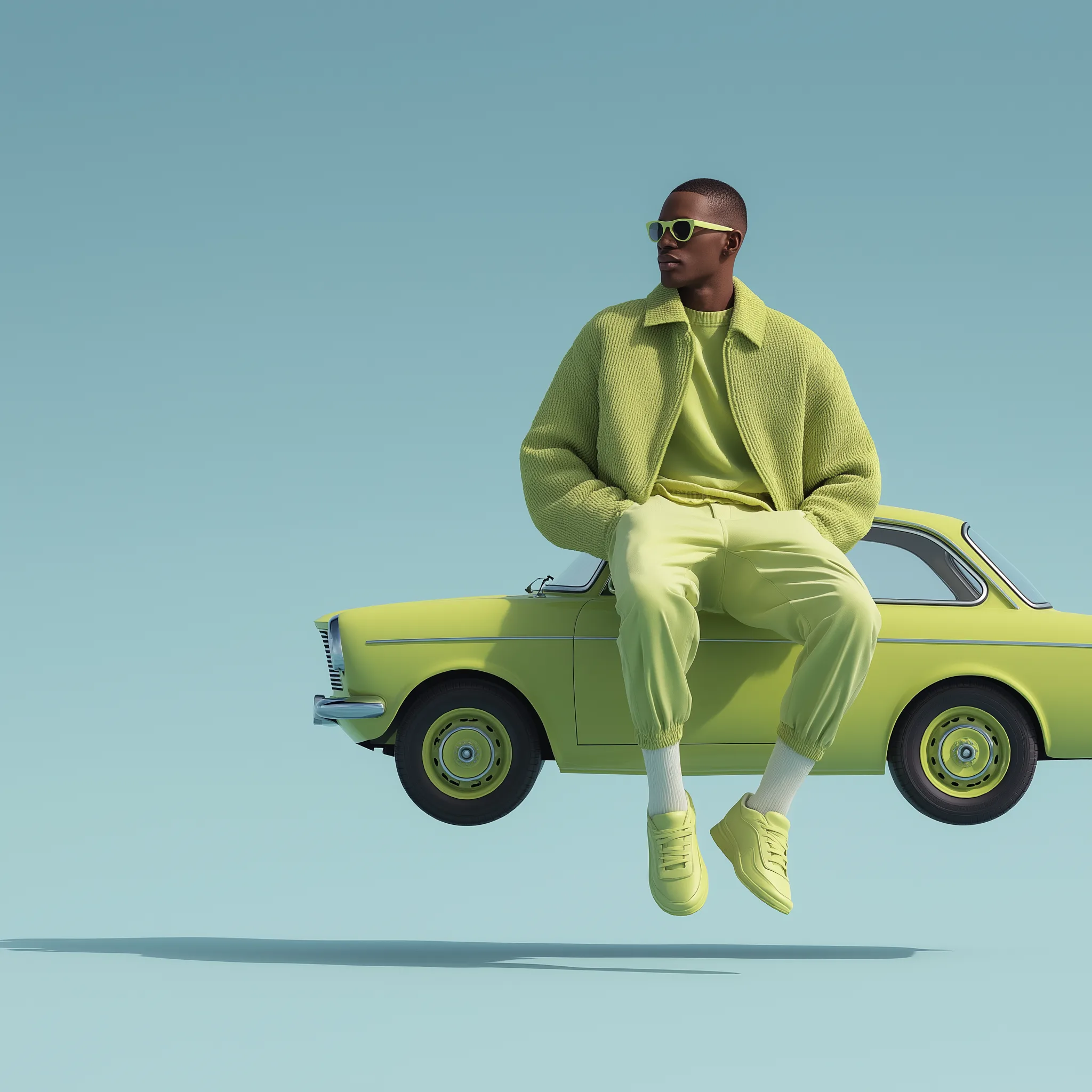 Man in lime green sitting on a lime green classic car